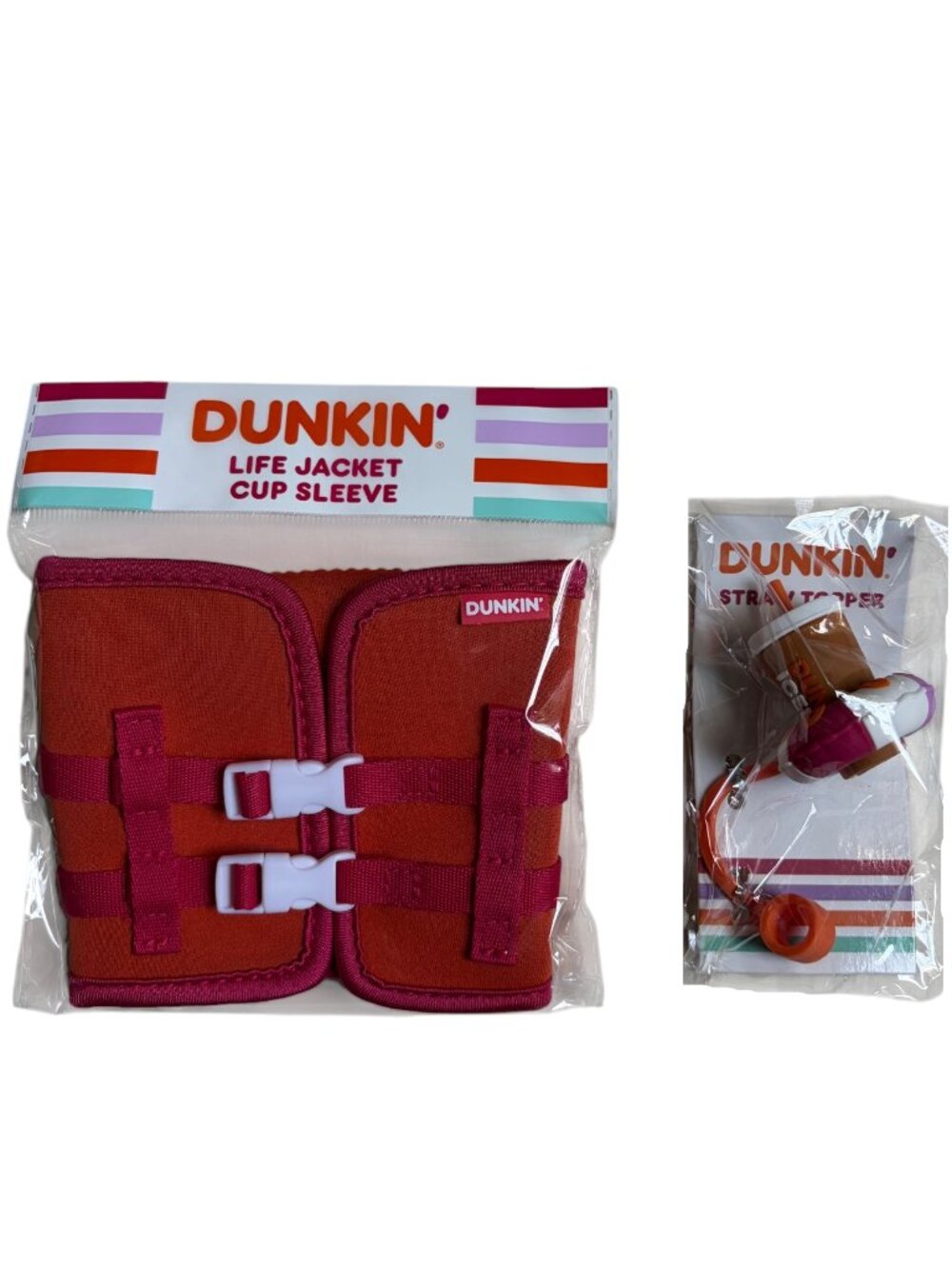 NWT Dunkin' Donuts Life Jacket Cup Sleeve + Pool Float Straw Topper Set